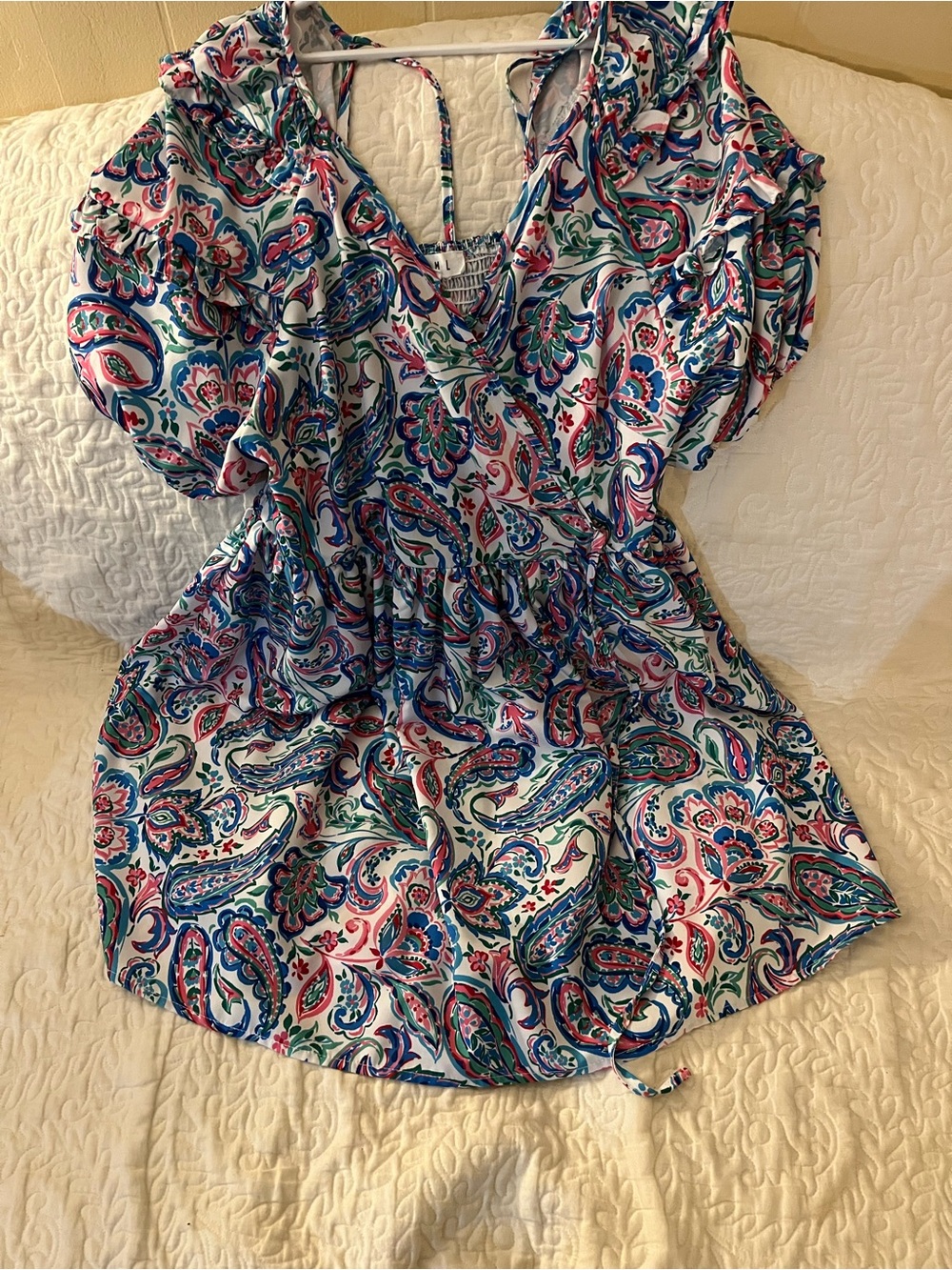 THML Blue, Pink & Green Paisley V-Neck Mini Dress